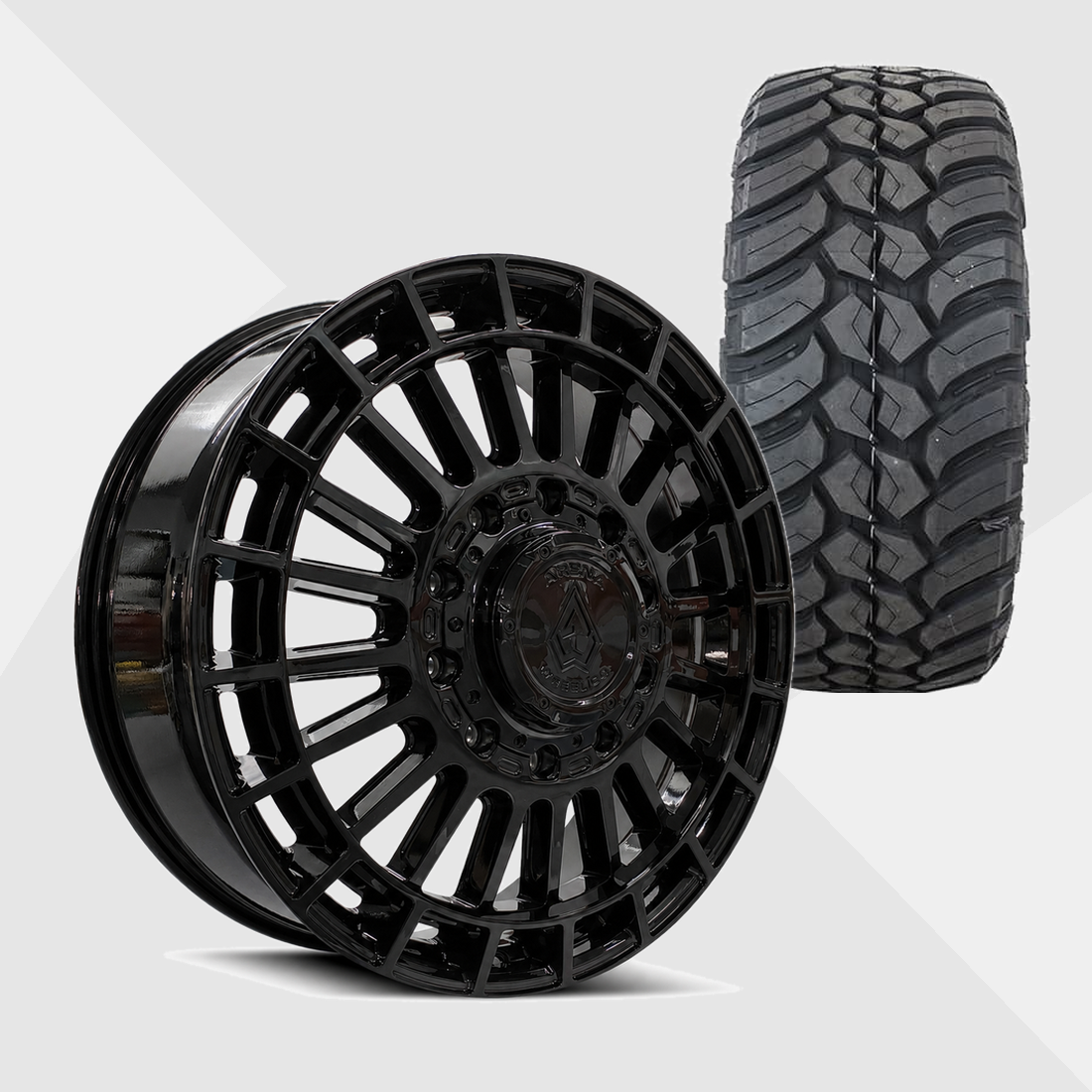Arena A151 Blaze Gloss Black 24x8.25 8x210 with AMP Tires Terrain Attack M/T 35x13.50R24 Dually Package