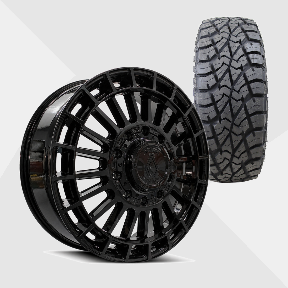 Arena A151 Blaze Gloss Black 24x8.25 8x200 with AMP Tires Terrain Attack R/T 37x13.50R24 Dually Package