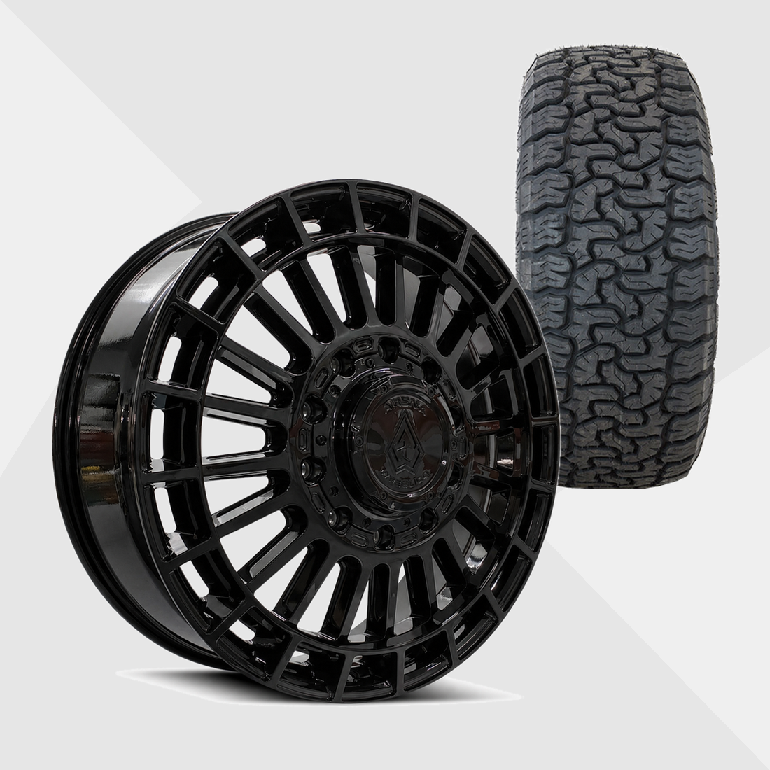 Arena A151 Blaze Gloss Black 24x8.25 10x225 with AMP Tires Terrain Pro A/T 35x12.50R24 Dually Package