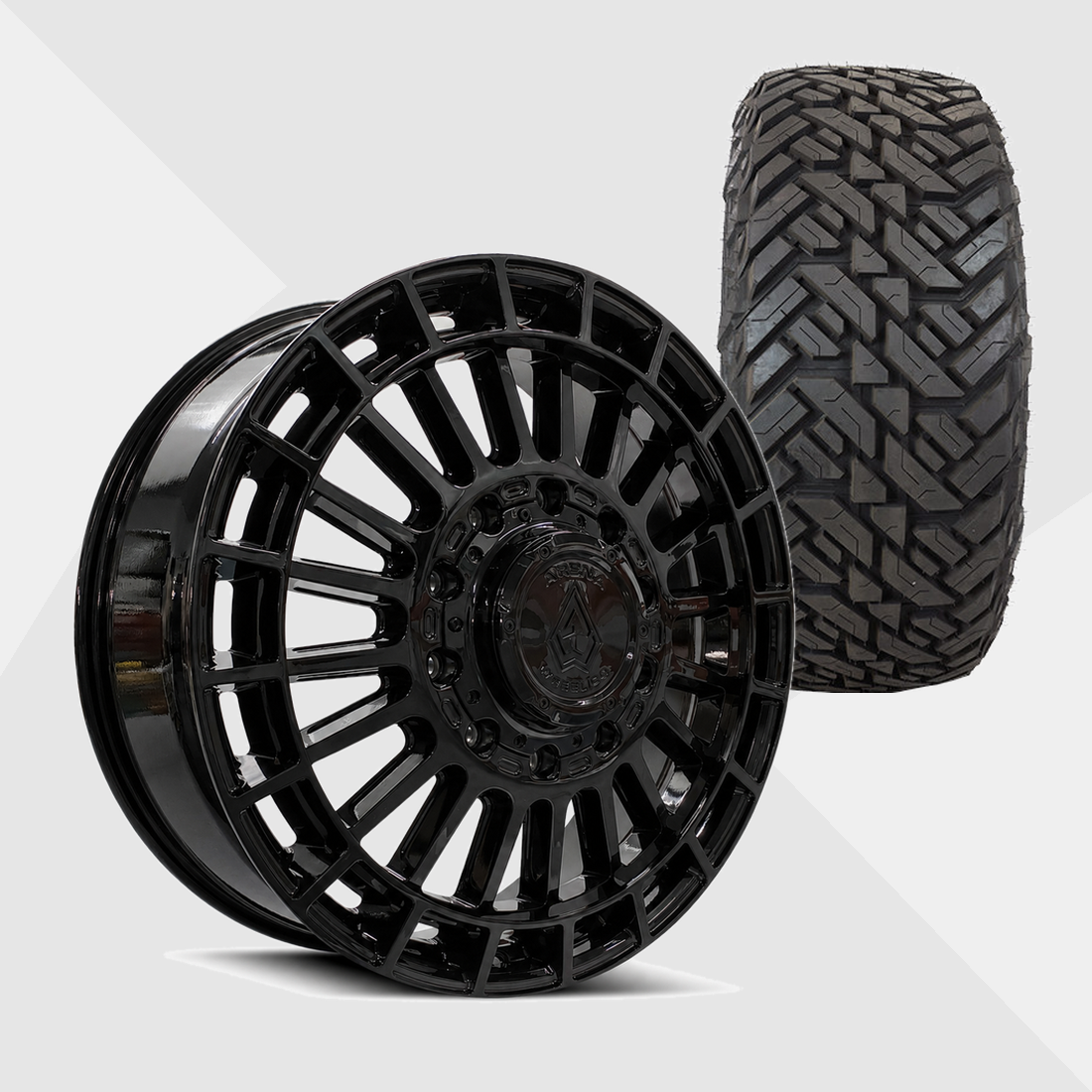 Arena A151 Blaze Gloss Black 24x8.25 10x225 with Fuel Tires Gripper M/T 35x13.50R24 Dually Package