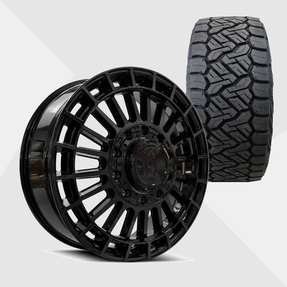 Arena A151 Blaze Gloss Black 24x8.25 8x200 with Nitto Tires Recon Grappler A/T 295/45R24 Dually Package