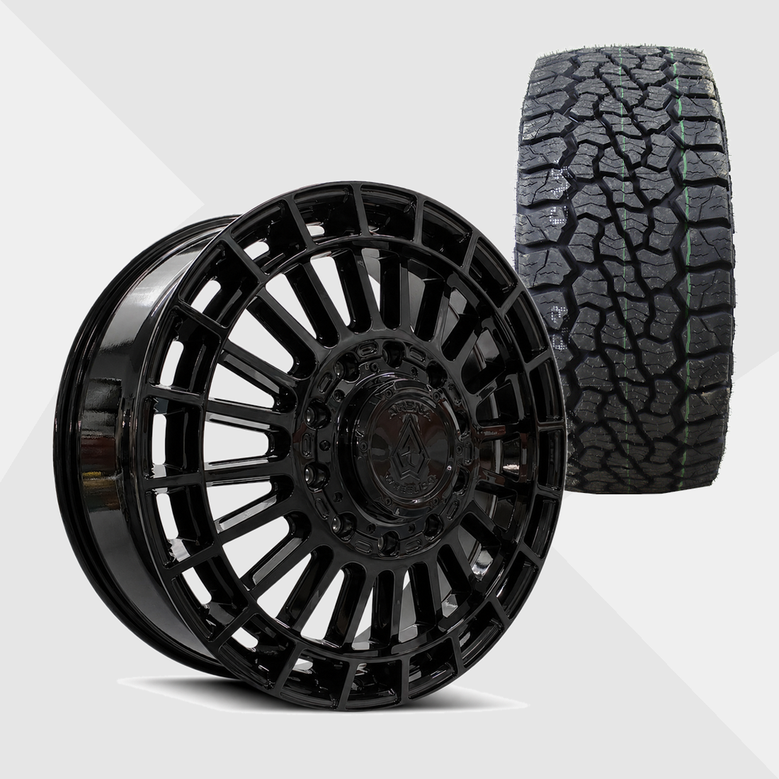 Arena A151 Blaze Gloss Black 24x8.25 8x210 with Venom Power Tires Swampthing A/T 35x12.50R24 Dually Package