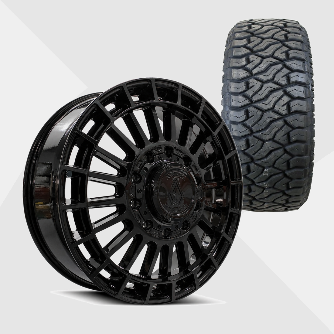 Arena A151 Blaze Gloss Black 24x8.25 8x200 with Venom Power Tires Terra Hunter R/T Plus 35x12.50R24 Dually Package