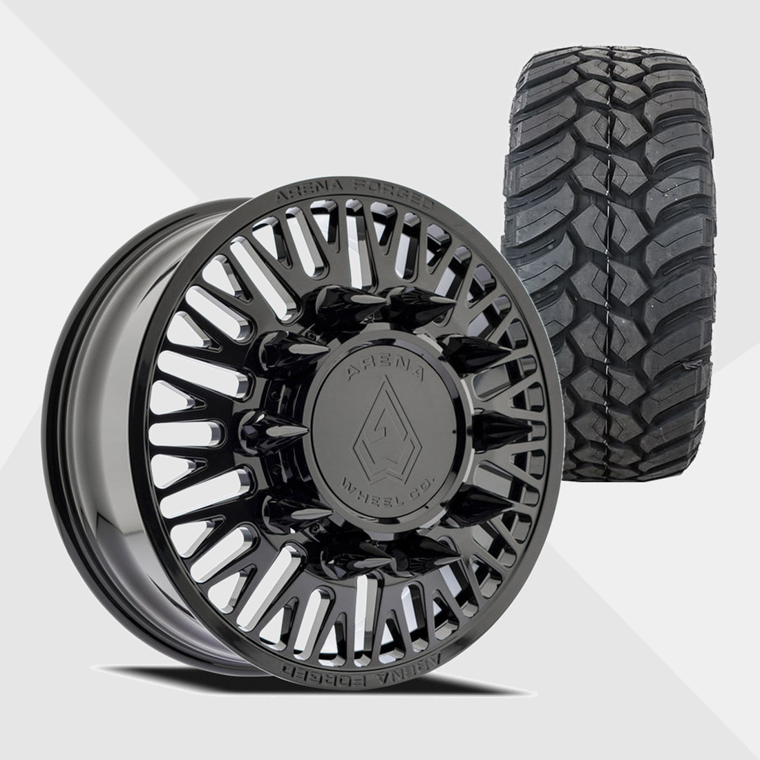 Arena Forged AF101 Casino Gloss Black 24x8.25 8x200 with AMP Tires Terrain Attack M/T 37x13.50R24 Dually Package