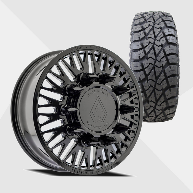 Arena Forged AF101 Casino Gloss Black 24x8.25 8x210 with AMP Tires Terrain Attack R/T 35x13.50R24 Dually Package
