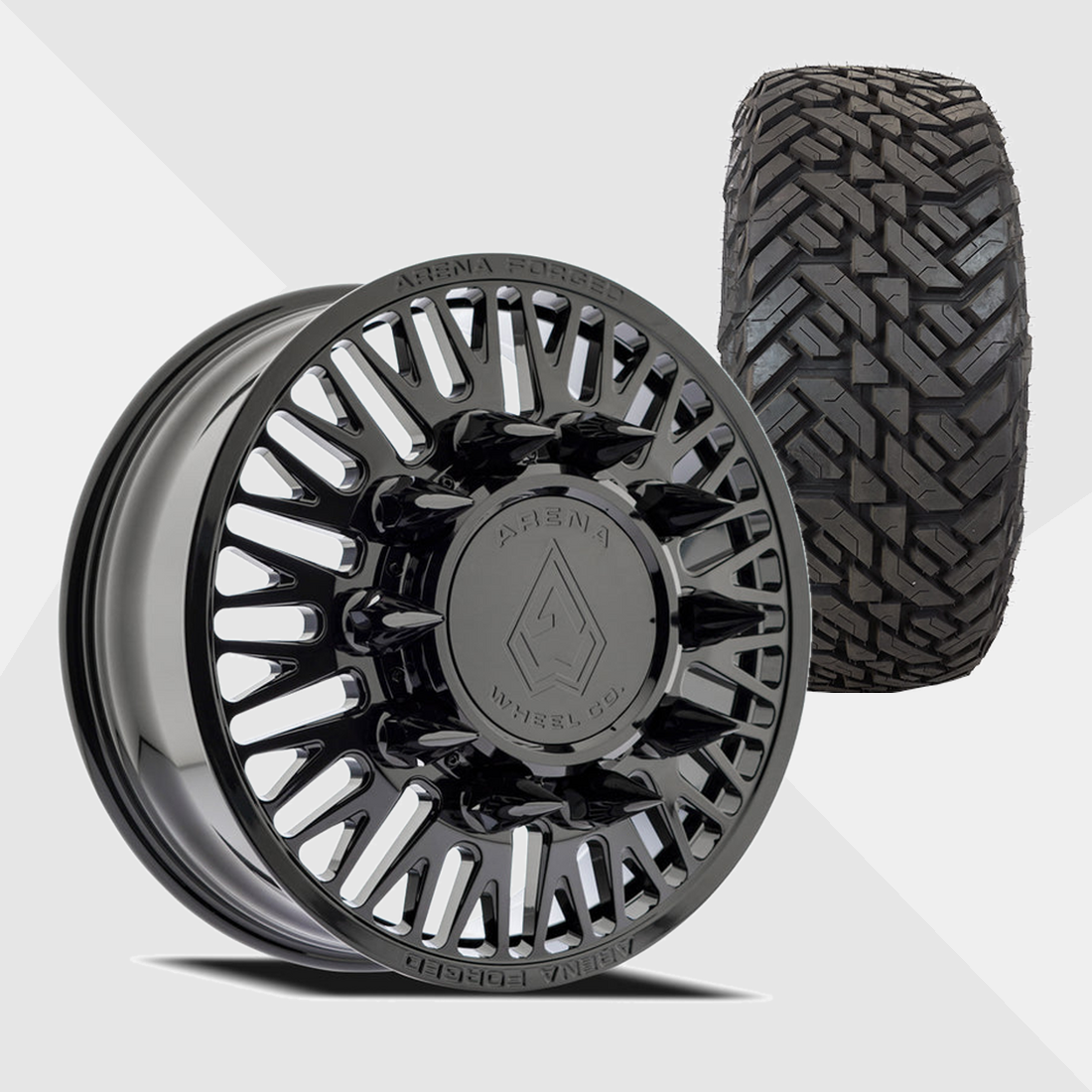 Arena Forged AF101 Casino Gloss Black 22x8.25 10x225 with Fuel Tires Gripper M/T 35x12.50R22 Dually Package