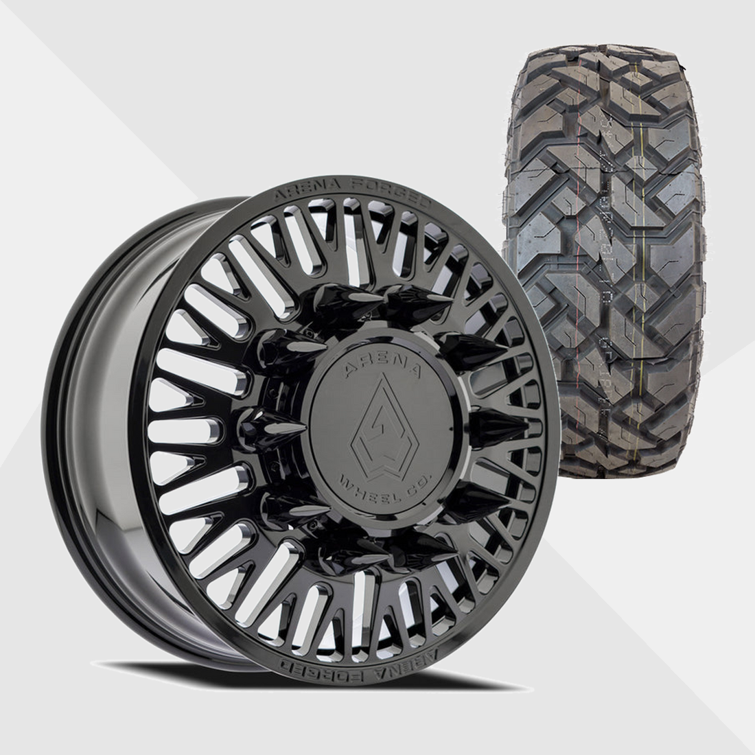 Arena Forged AF101 Casino Gloss Black 22x8.25 8x200 with Fuel Tires Gripper X/T 33x12.50R22 Dually Package