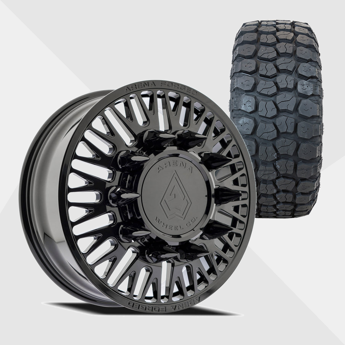 Arena Forged AF101 Casino Gloss Black 22x8.25 10x225 with Ironman Tires All Country M/T 35x12.50R22 Dually Package