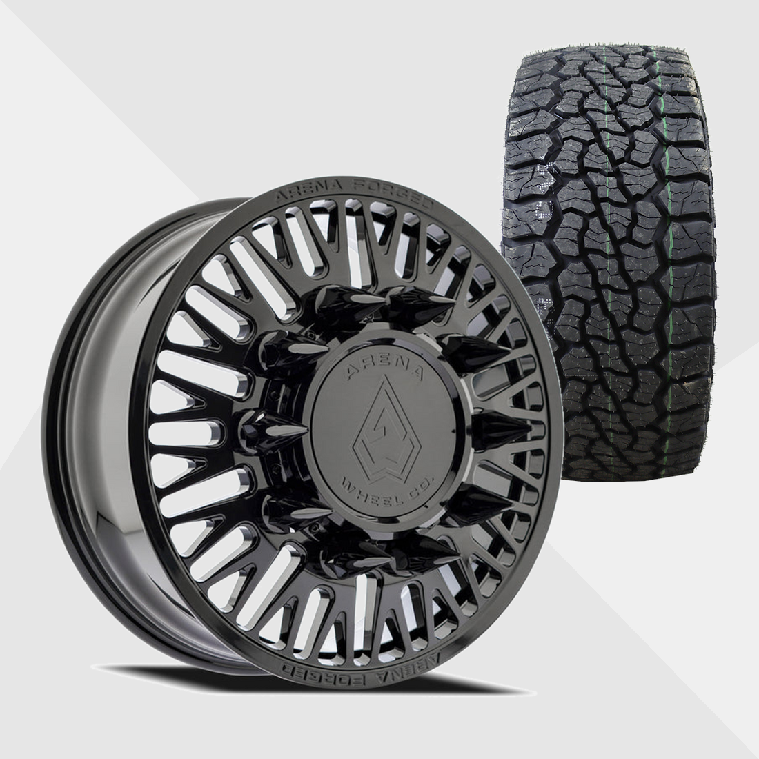 Arena Forged AF101 Casino Gloss Black 22x8.25 10x225 with Venom Power Tires Swampthing A/T 33x12.50R22 Dually Package
