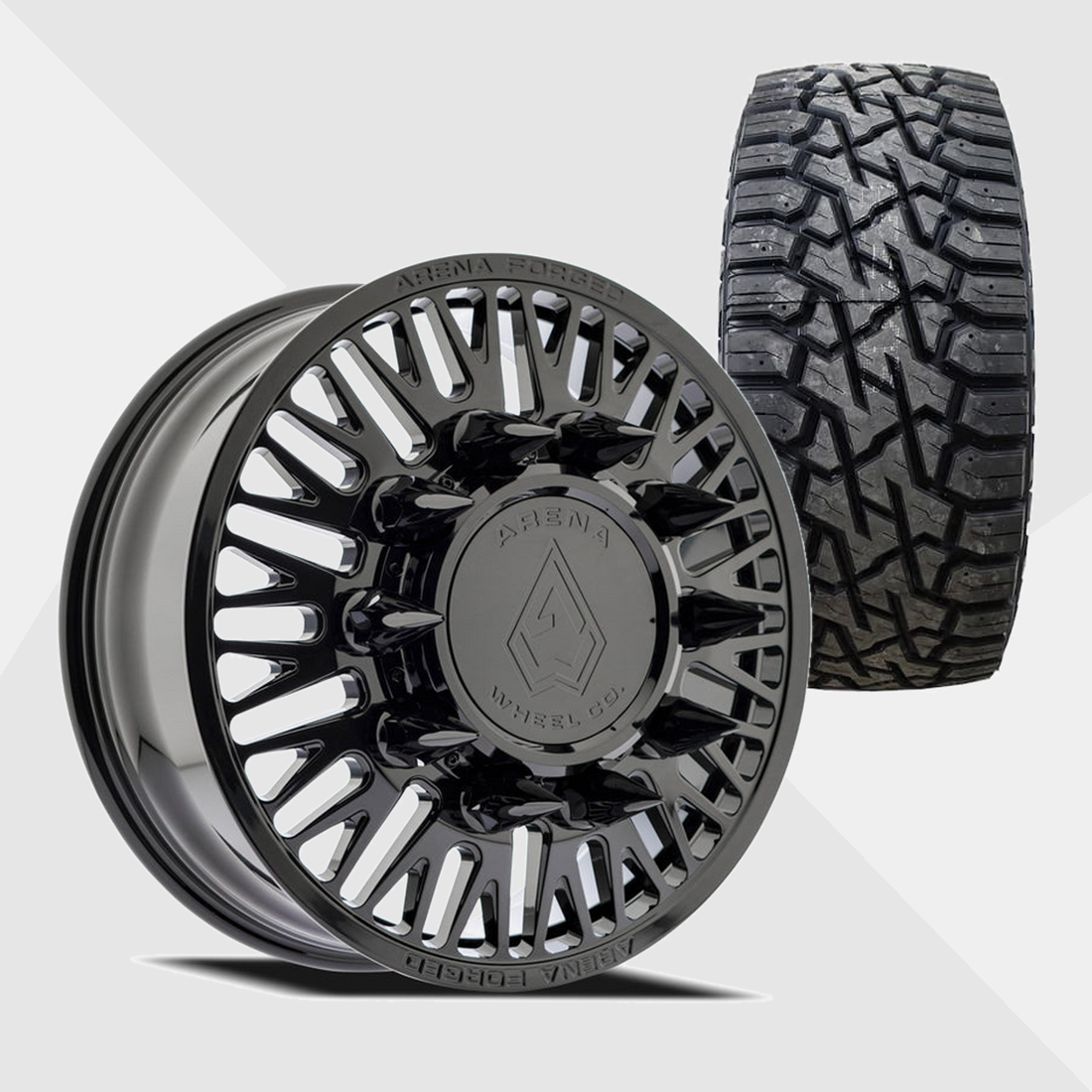 Arena Forged AF101 Casino Gloss Black 22x8.25 10x225 with Venom Power Tires Trail Hunter R/T 35x12.50R22 Dually Package