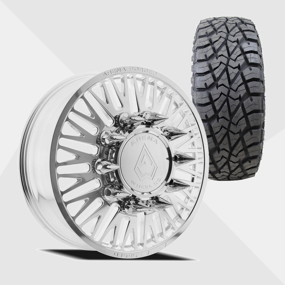 Arena Forged AF101 Casino Milled And Polished 24x8.25 10x225 with AMP Tires Terrain Attack R/T 37x13.50R24 Dually Package