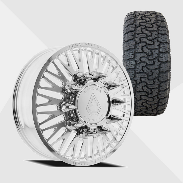 Arena Forged AF101 Casino Milled And Polished 24x8.25 10x225 with AMP Tires Terrain Pro A/T 35x12.50R24 Dually Package