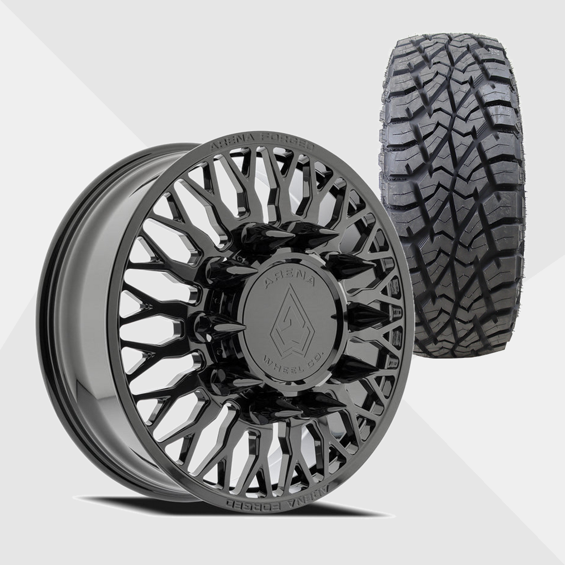 Arena Forged AF102 Maximus Gloss Black 22x8.25 8x200 with AMP Tires Terrain Attack R/T 33x12.50R22 Dually Package