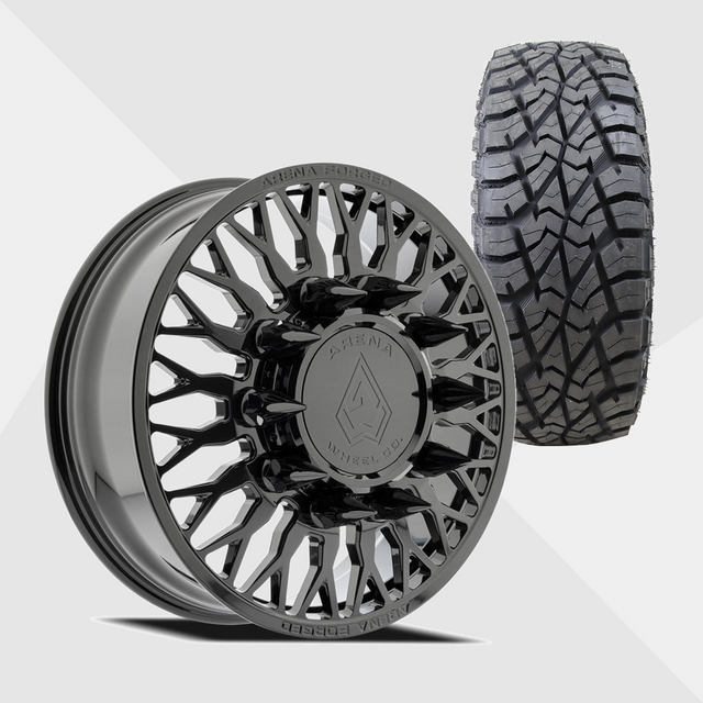 Arena Forged AF102 Maximus Gloss Black 22x8.25 8x200 with AMP Tires Terrain Attack R/T 33x12.50R22 Dually Package