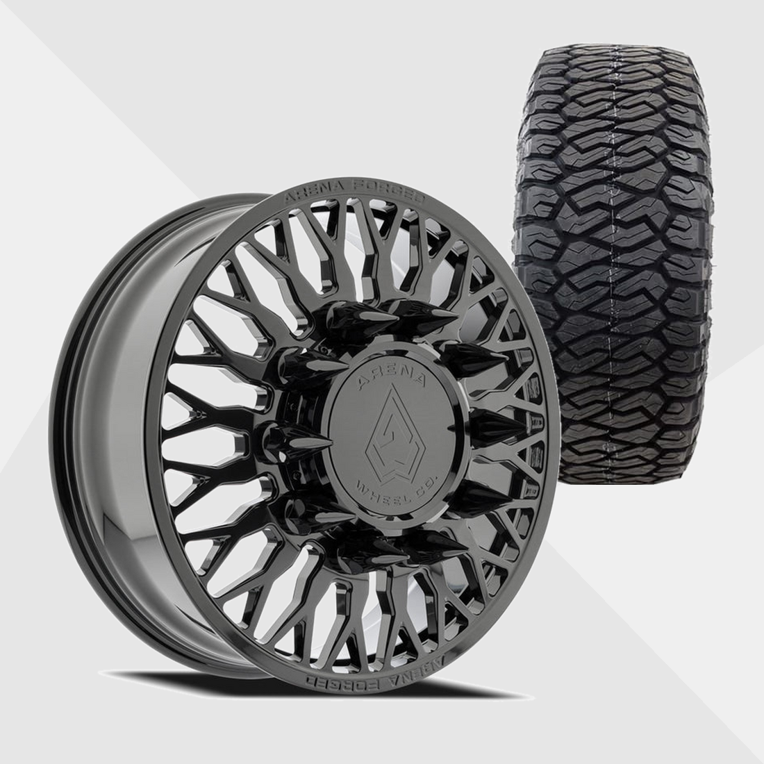 Arena Forged AF102 Maximus Gloss Black 22x8.25 10x225 with Maxxis Tires Razr A/T 285/55R22 Dually Package