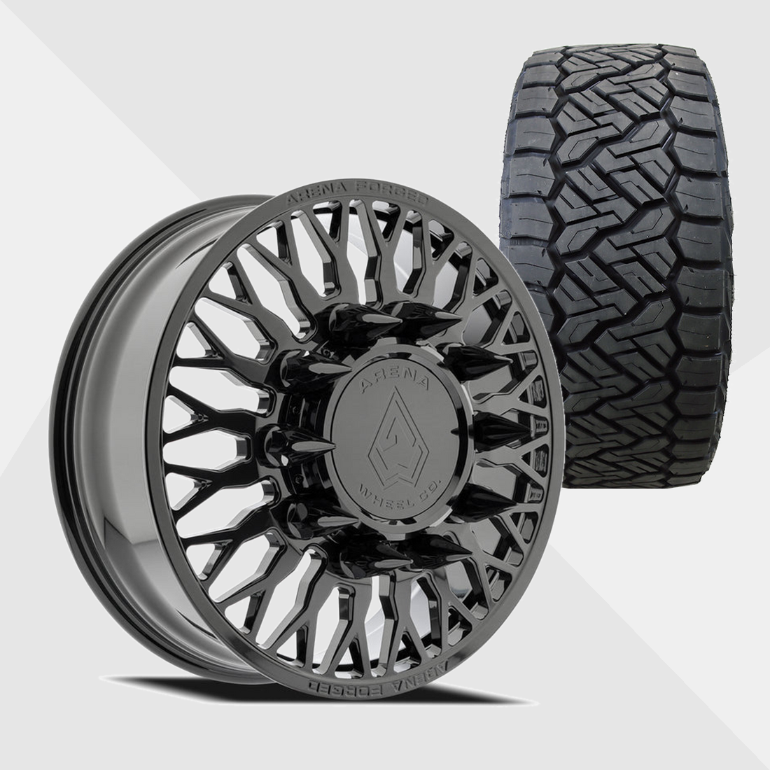 Arena Forged AF102 Maximus Gloss Black 22x8.25 8x200 with Nitto Tires Recon Grappler A/T 325/50R22 Dually Package