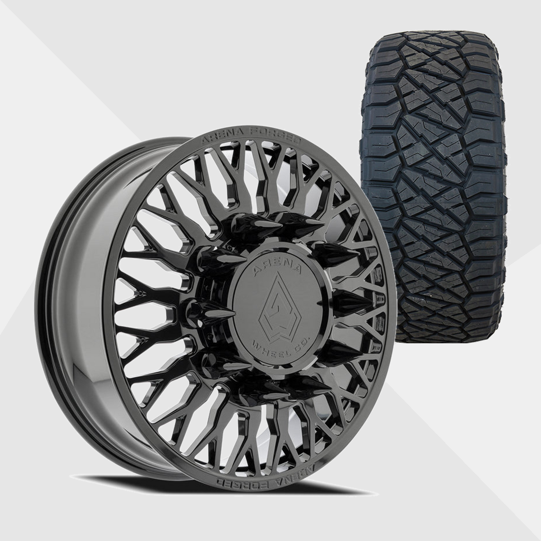 Arena Forged AF102 Maximus Gloss Black 24x8.25 8x200 with Nitto Tires Ridge Grappler 38x13.50R24 Dually Package