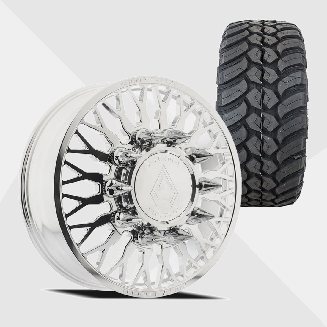 Arena Forged AF102 Maximus Milled And Polished 24x8.25 8x200 with AMP Tires Terrain Attack M/T 37x13.50R24 Dually Package