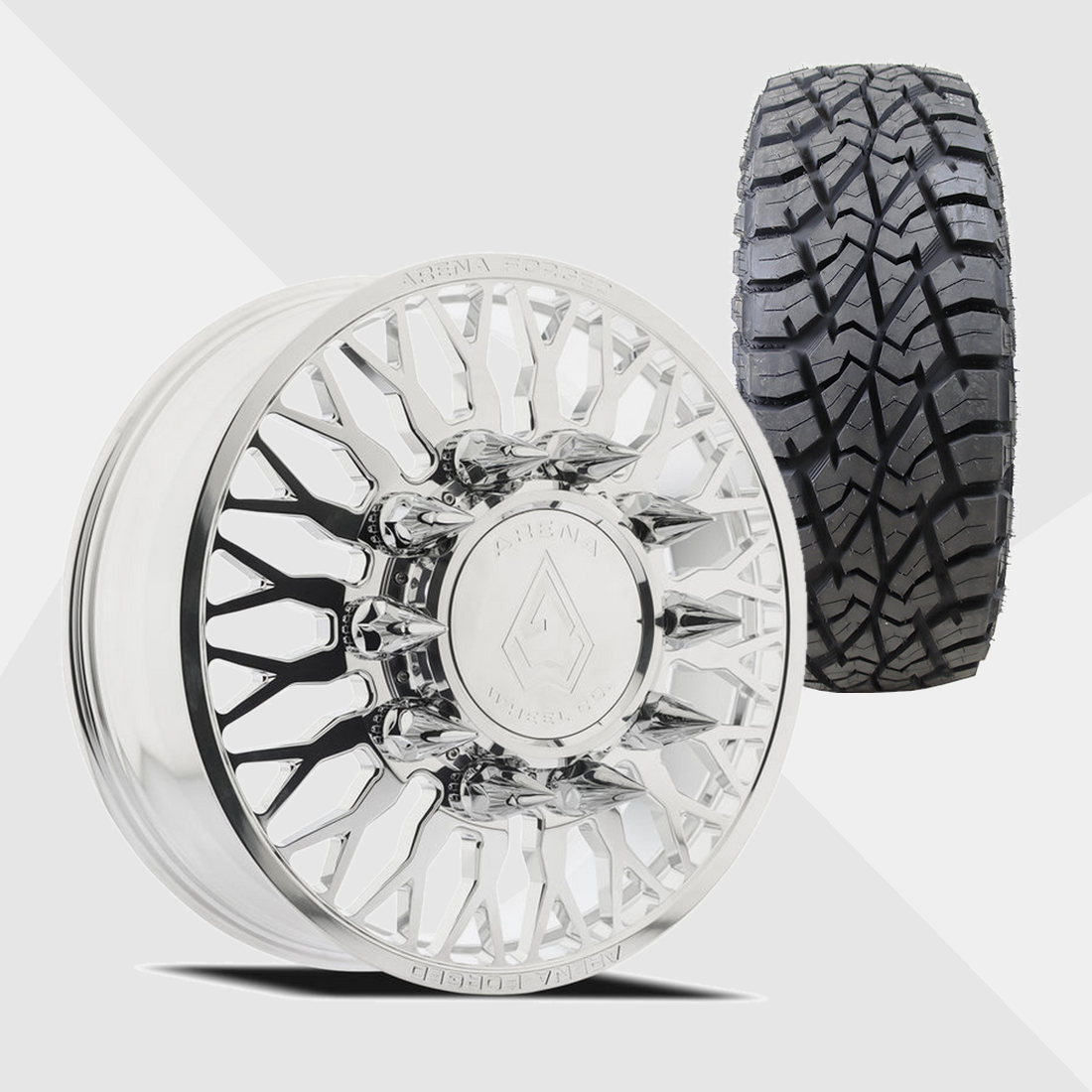 Arena Forged AF102 Maximus Milled And Polished 24x8.25 8x200 with AMP Tires Terrain Attack R/T 35x13.50R24 Dually Package
