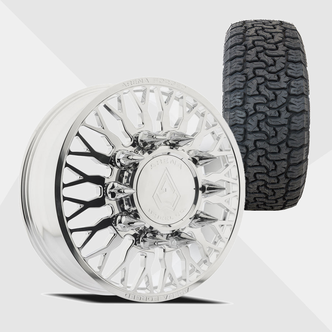 Arena Forged AF102 Maximus Milled And Polished 22x8.25 10x225 with AMP Tires Terrain Pro A/T 295/50R22 Dually Package