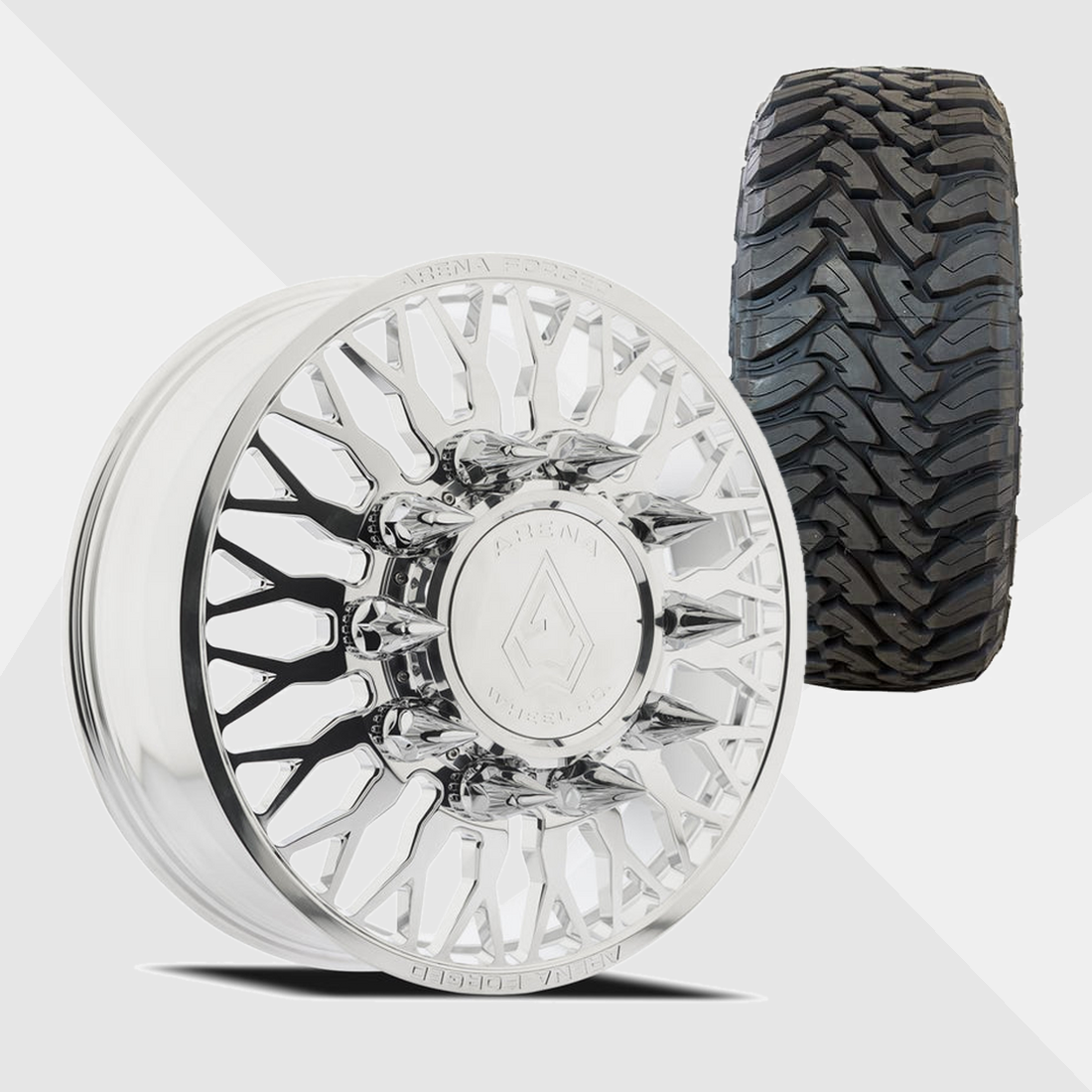 Arena Forged AF102 Maximus Milled And Polished 22x8.25 10x225 with Toyo Tires Open Country M/T 33x12.50R22 Dually Package