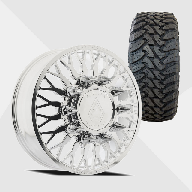 Arena Forged AF102 Maximus Milled And Polished 22x8.25 10x225 with Toyo Tires Open Country M/T 33x12.50R22 Dually Package