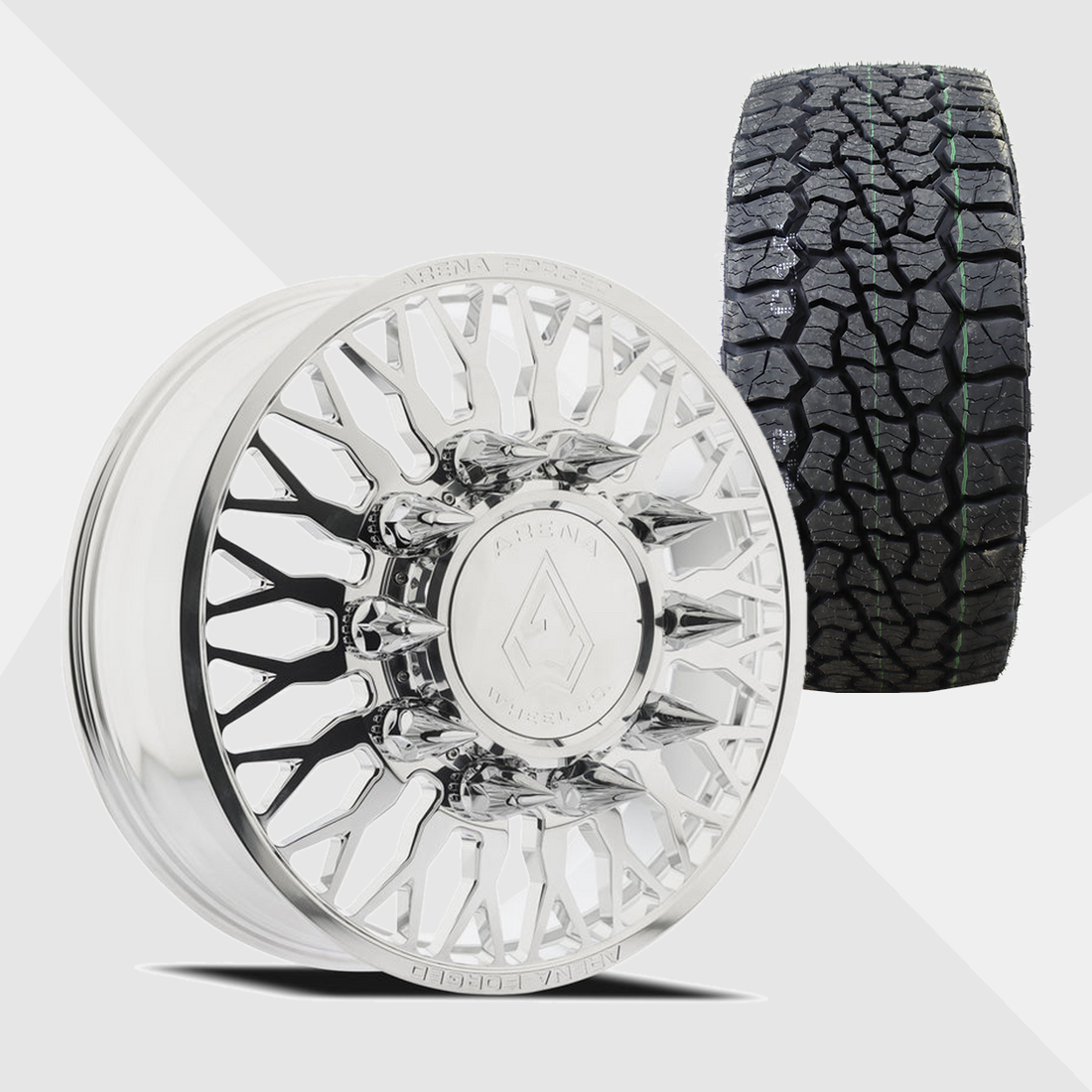 Arena Forged AF102 Maximus Milled And Polished 22x8.25 10x225 with Venom Power Tires Swampthing A/T 35x12.50R22 Dually Package