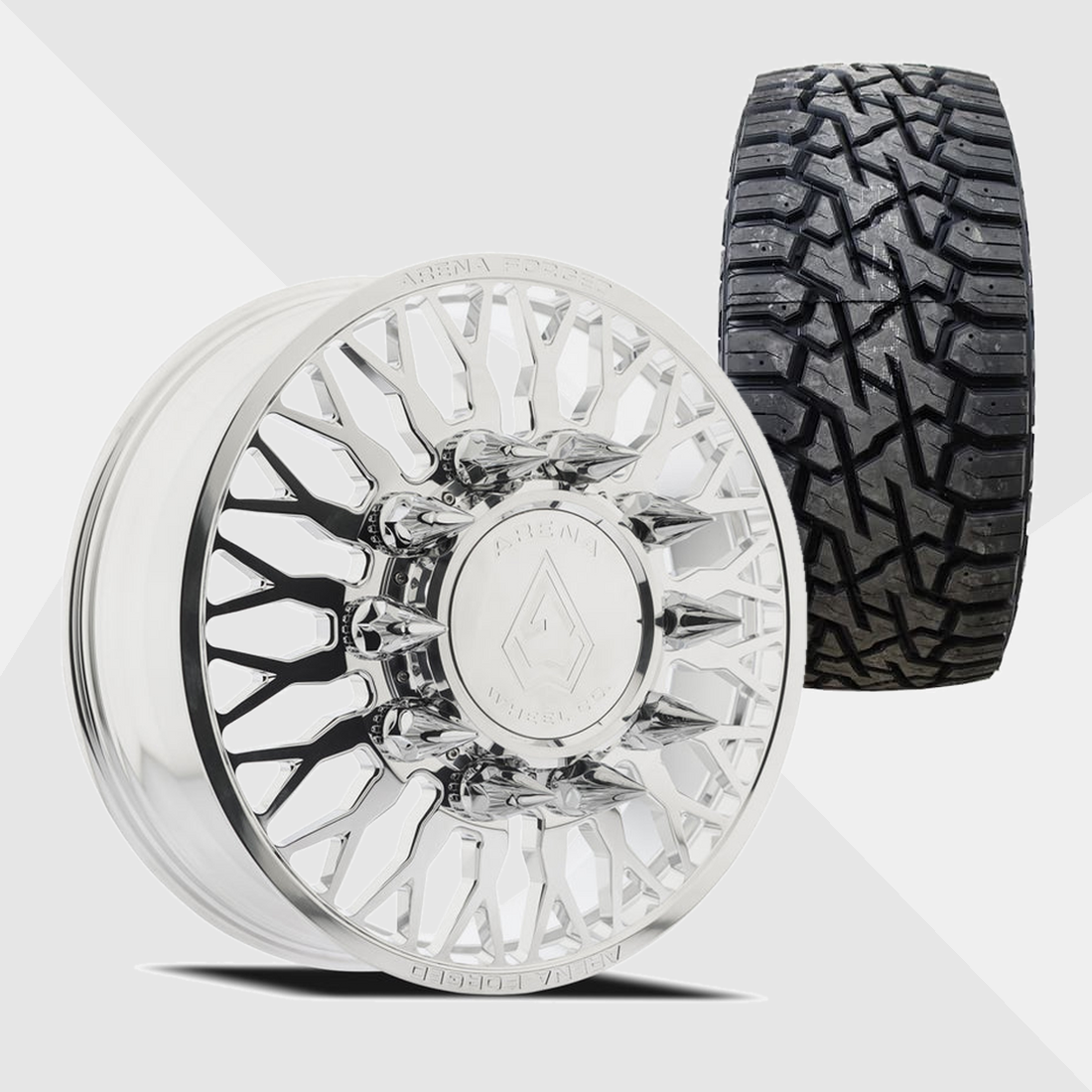 Arena Forged AF102 Maximus Milled And Polished 22x8.25 10x225 with Venom Power Tires Trail Hunter R/T 35x12.50R22 Dually Package