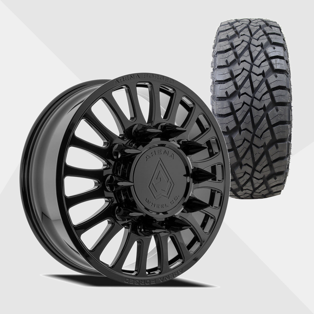Arena Forged AF103 Shoreline Gloss Black 24x8.25 8x200 with AMP Tires Terrain Attack R/T 37x13.50R24 Dually Package
