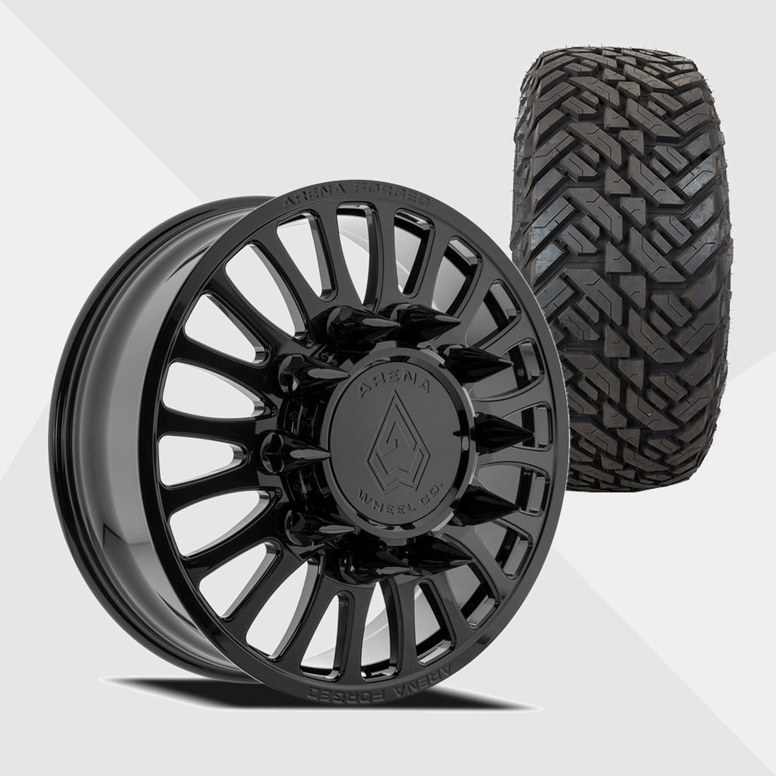 Arena Forged AF103 Shoreline Gloss Black 24x8.25 10x225 with Fuel Tires Gripper M/T 35x13.50R24 Dually Package