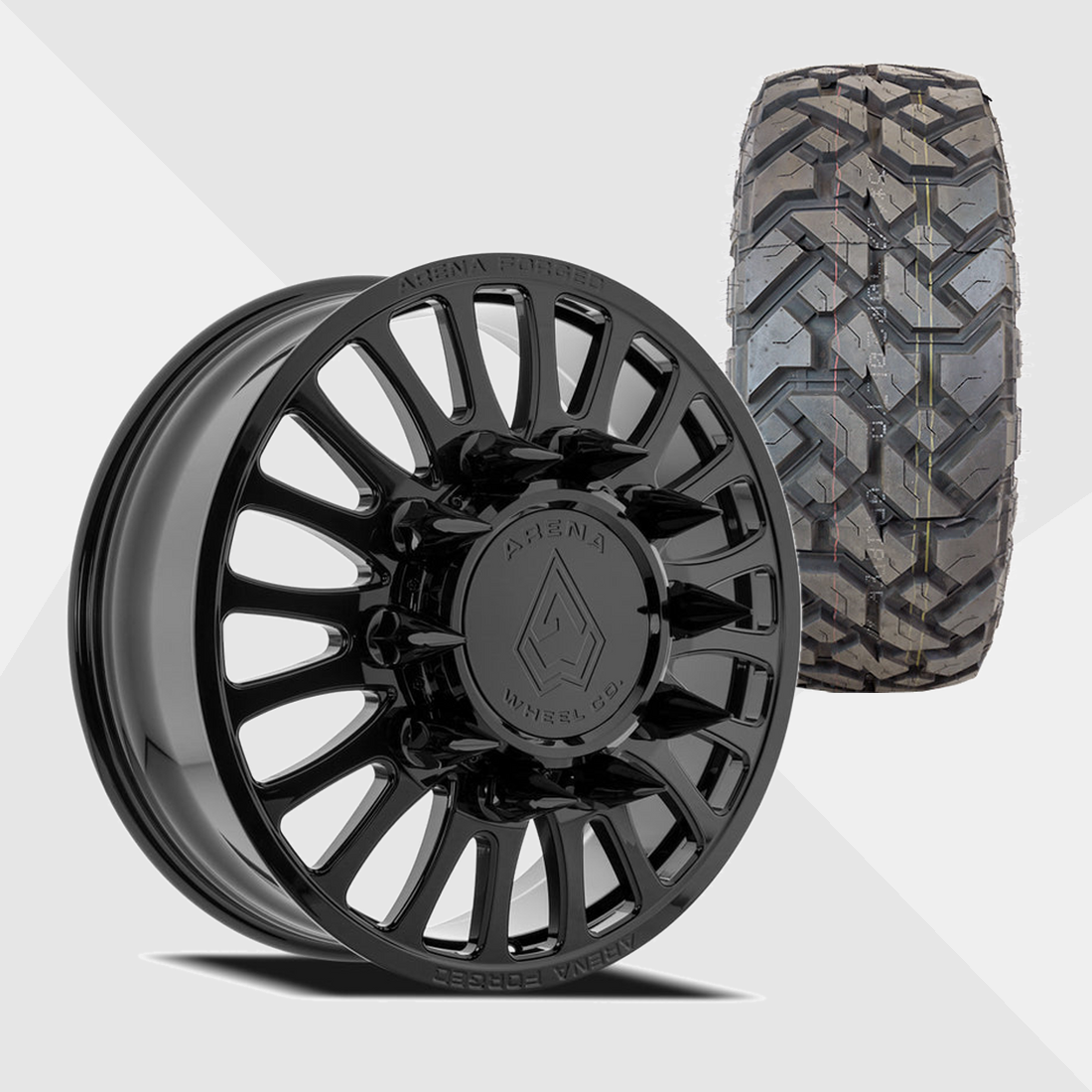 Arena Forged AF103 Shoreline Gloss Black 22x8.25 8x200 with Fuel Tires Gripper X/T 33x12.50R22 Dually Package