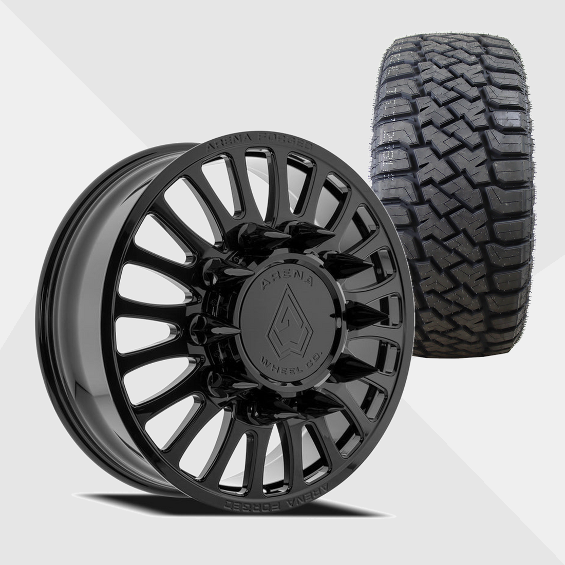Arena Forged AF103 Shoreline Gloss Black 24x8.25 8x200 with LandSpider Tires Wildtraxx R/T 37x13.50R24 Dually Package