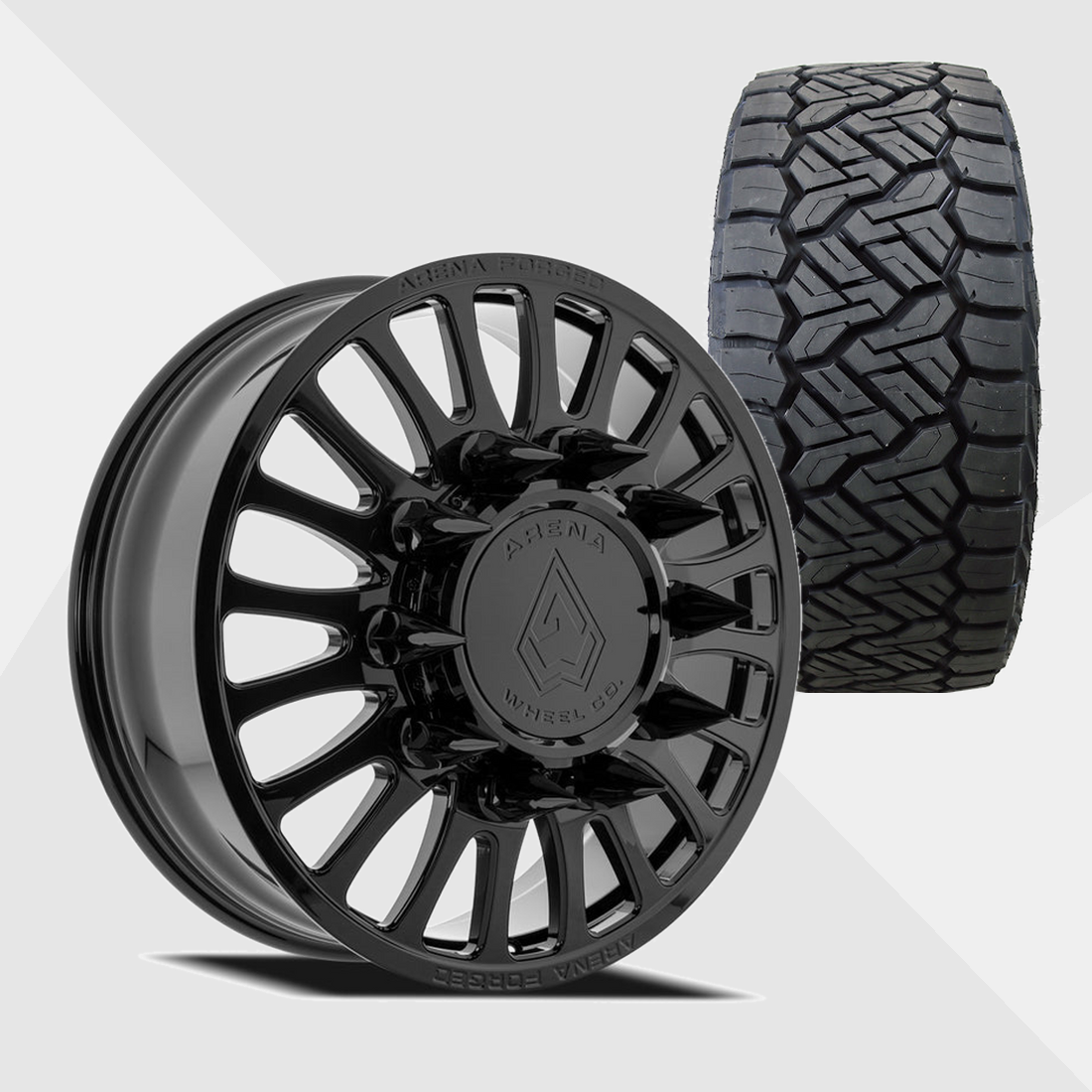 Arena Forged AF103 Shoreline Gloss Black 22x8.25 10x225 with Nitto Tires Recon Grappler A/T 325/50R22 Dually Package