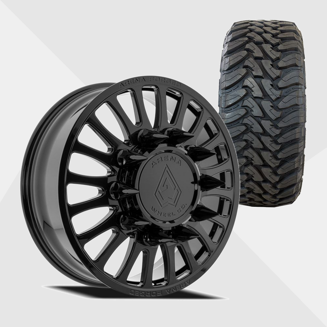 Arena Forged AF103 Shoreline Gloss Black 22x8.25 8x200 with Toyo Tires Open Country M/T 35x12.50R22 Dually Package