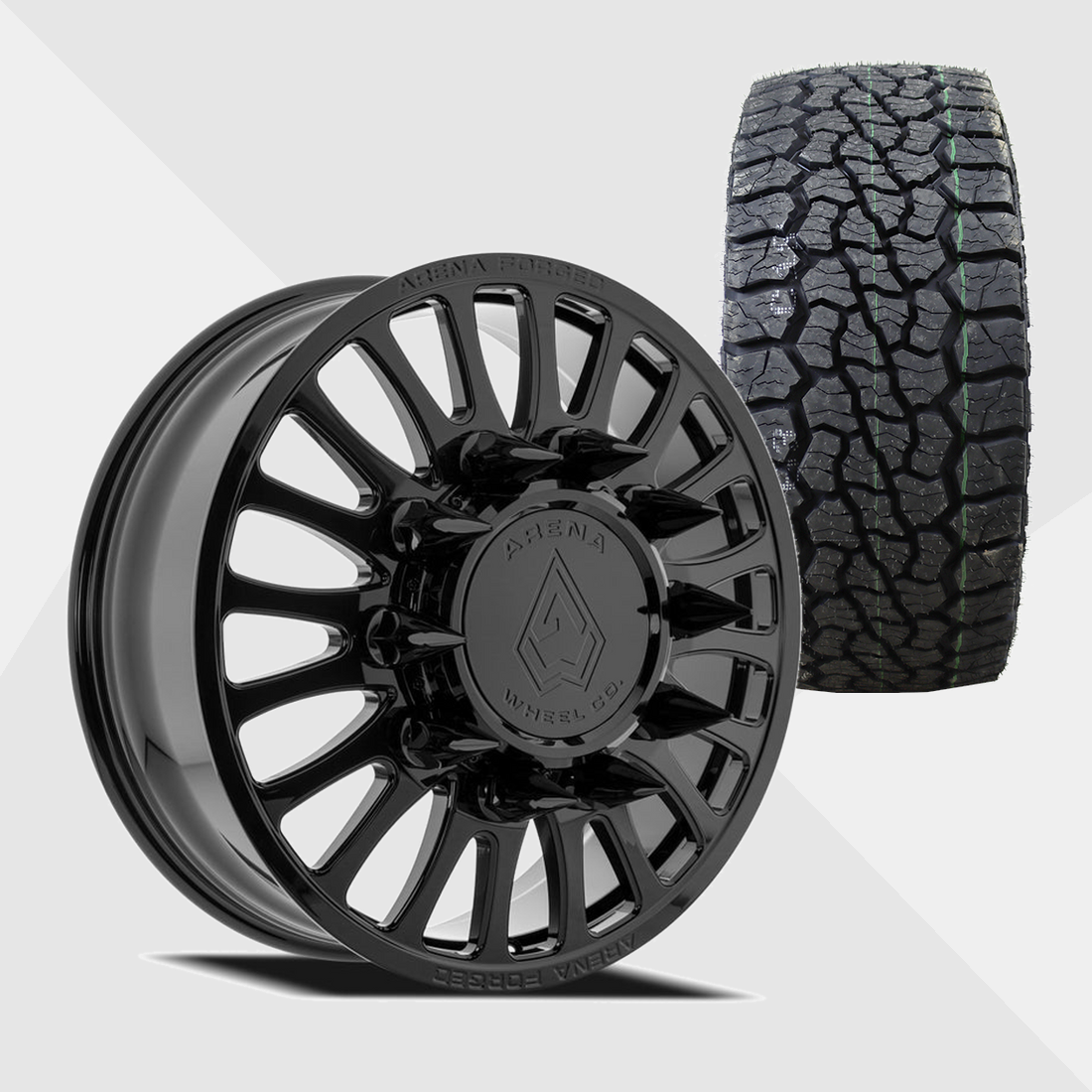 Arena Forged AF103 Shoreline Gloss Black 24x8.25 8x210 with Venom Power Tires Swampthing A/T 35x12.50R24 Dually Package