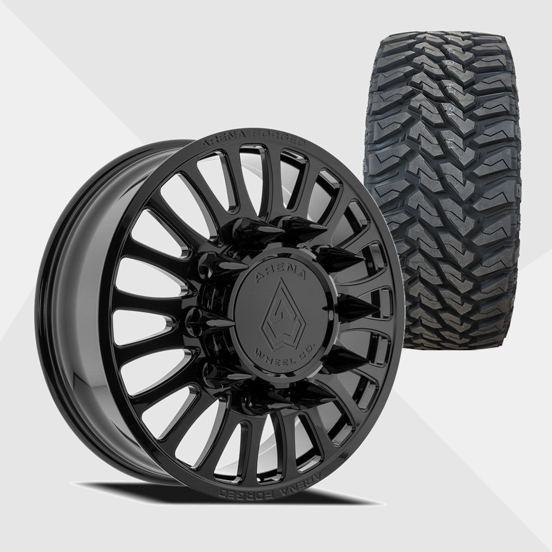 Arena Forged AF103 Shoreline Gloss Black 22x8.25 10x225 with Venom Power Tires Terra Hunter M/T 35x12.50R22 Dually Package