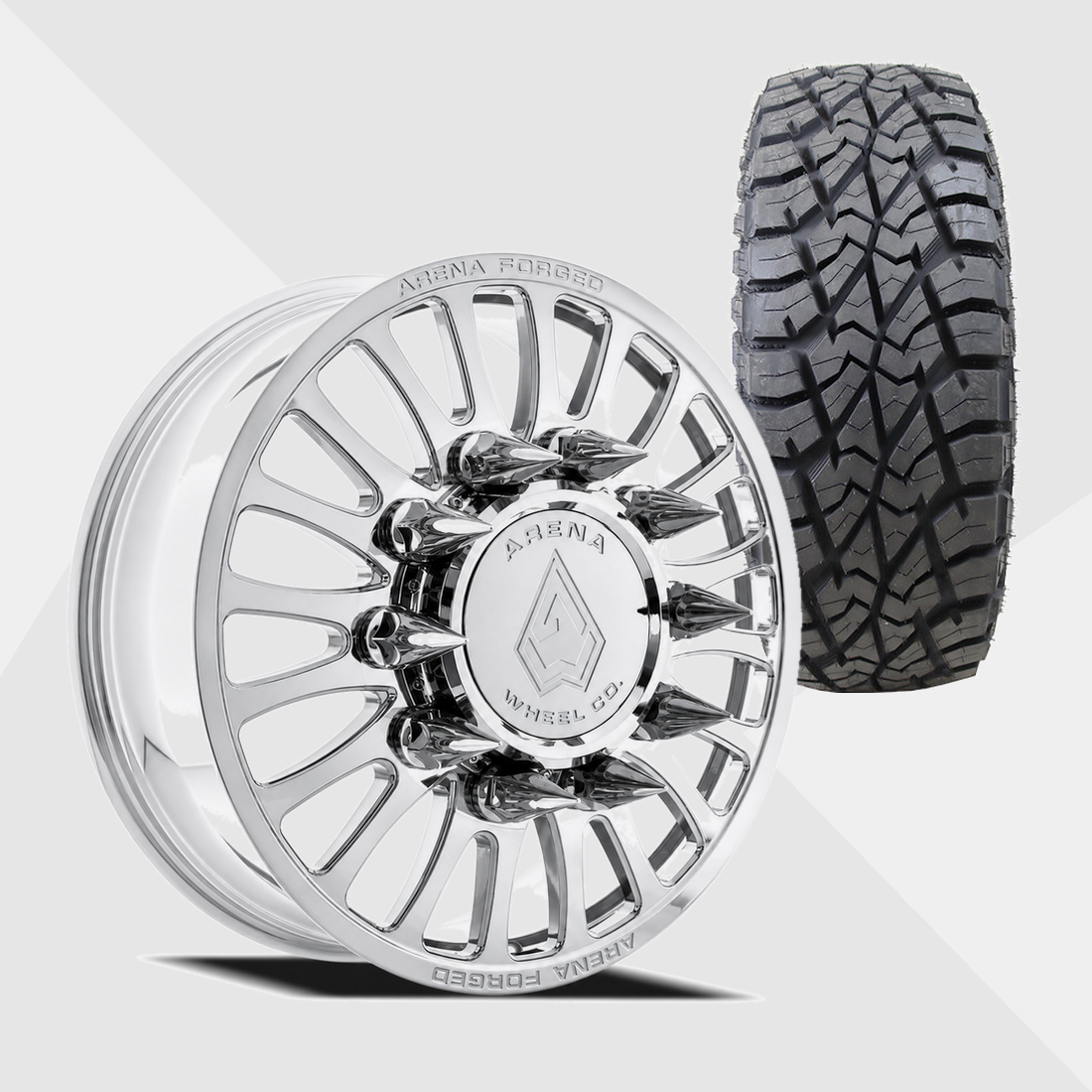 Arena Forged AF103 Shoreline Milled And Polished 24x8.25 10x225 with AMP Tires Terrain Attack R/T 35x13.50R24 Dually Package