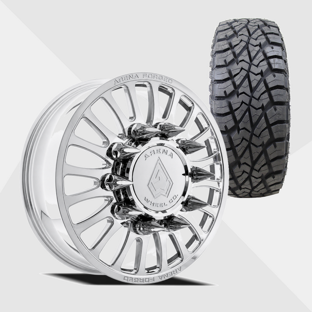 Arena Forged AF103 Shoreline Milled And Polished 24x8.25 10x225 with AMP Tires Terrain Attack R/T 35x13.50R24 Dually Package