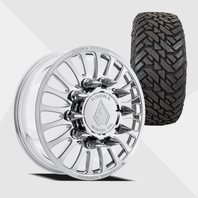 Arena Forged AF103 Shoreline Milled And Polished 24x8.25 8x200 with Fuel Tires Gripper M/T 37x13.50R24 Dually Package