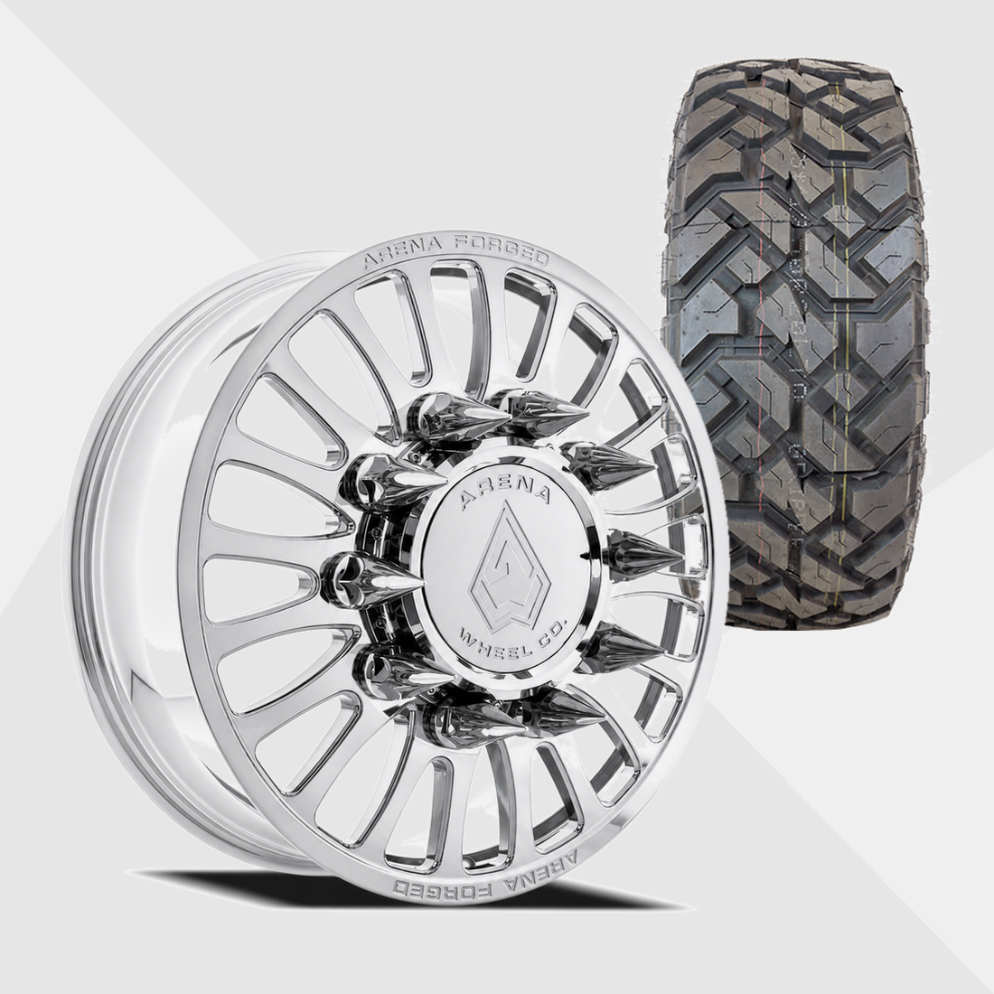 Arena Forged AF103 Shoreline Milled And Polished 22x8.25 10x225 with Fuel Tires Gripper X/T 35x12.50R22 Dually Package
