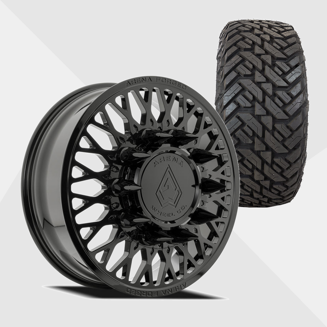 Arena Forged AF104 Stealth Gloss Black 24x8.25 8x210 with Fuel Tires Gripper M/T 37x13.50R24 Dually Package