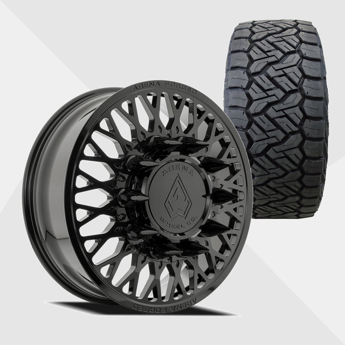 Arena Forged AF104 Stealth Gloss Black 24x8.25 8x210 with Nitto Tires Recon Grappler A/T 315/45R24 Dually Package