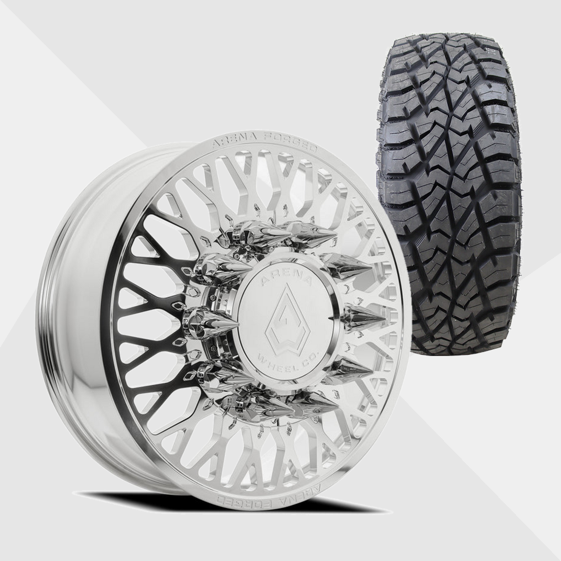 Arena Forged AF104 Stealth Milled And Polished 24x8.25 8x200 with AMP Tires Terrain Attack R/T 37x13.50R24 Dually Package