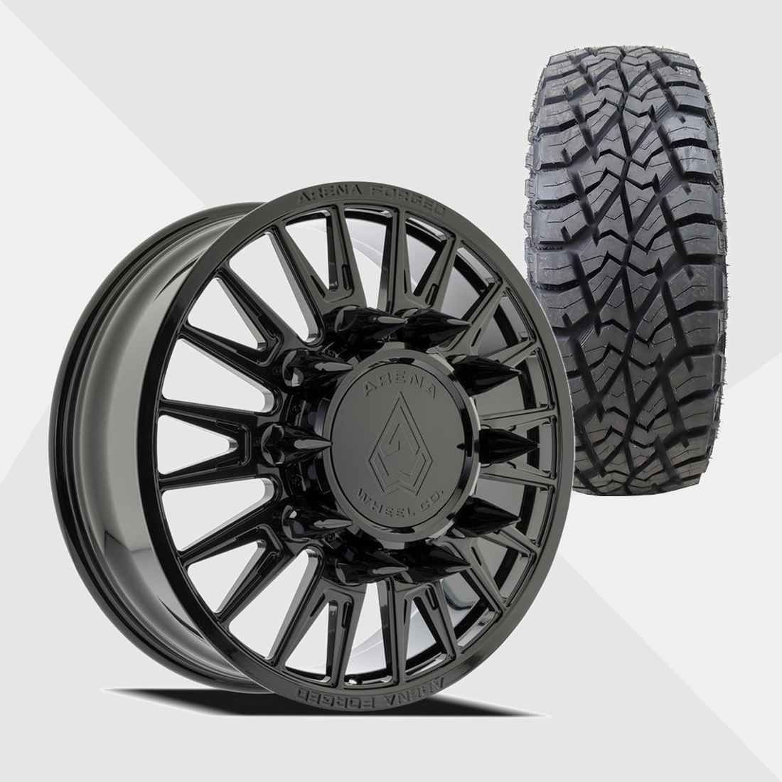Arena Forged AF105 Imperial Gloss Black 24x8.25 8x200 with AMP Tires Terrain Attack R/T 37x13.50R24 Dually Package