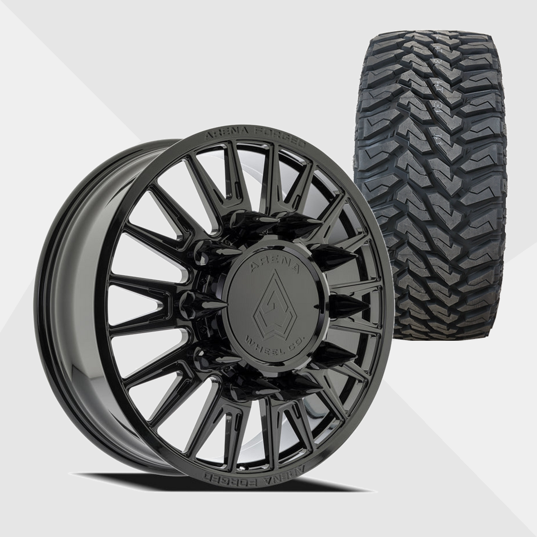 Arena Forged AF105 Imperial Gloss Black 24x8.25 10x225 with Venom Power Tires Terra Hunter M/T 35x13.50R24 Dually Package