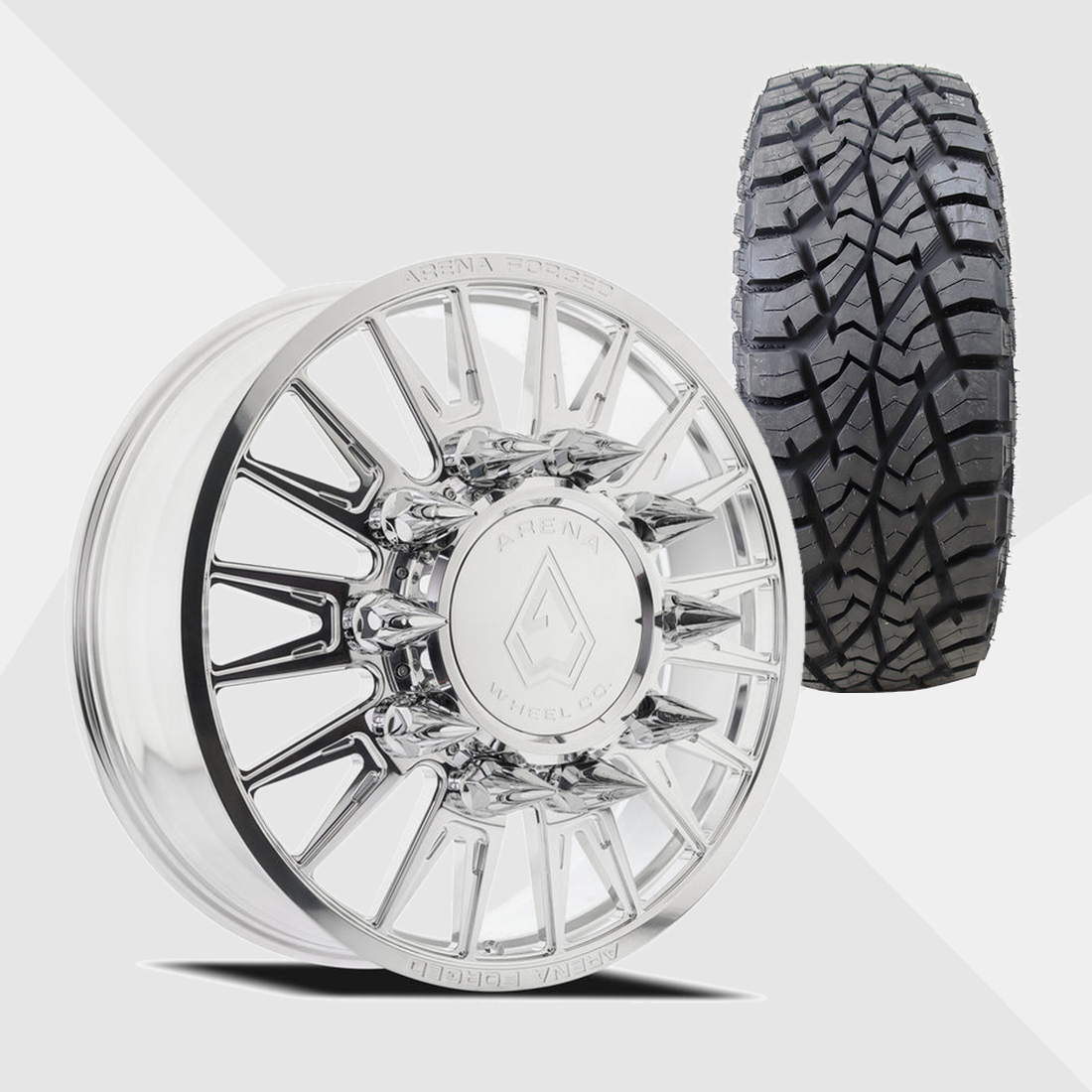 Arena Forged AF105 Imperial Milled And Polished 24x8.25 8x200 with AMP Tires Terrain Attack R/T 35x13.50R24 Dually Package