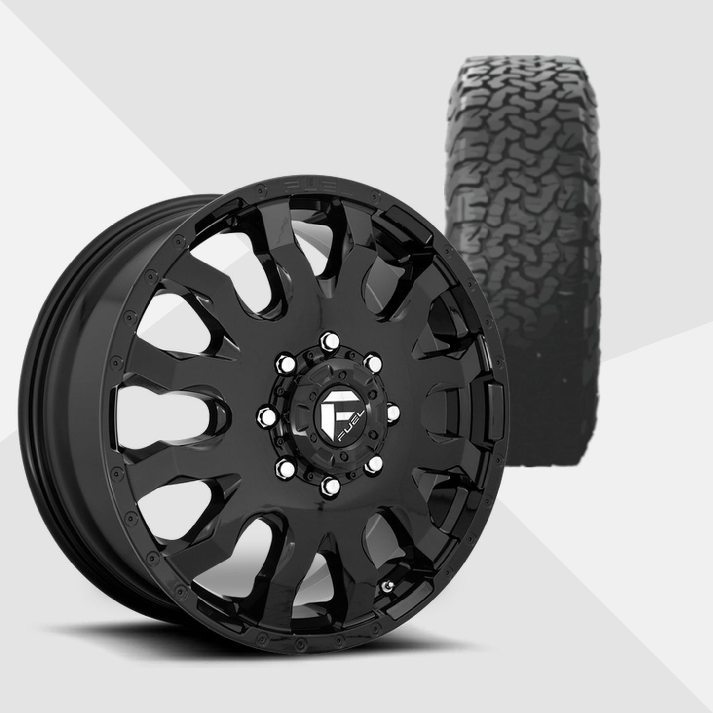 Fuel Offroad Blitz Dually Gloss Black 20x8.25 Wheels & BF Goodrich Tires All-Terrain T/A KO3 285/55R20 Tires - 20" Dually Package