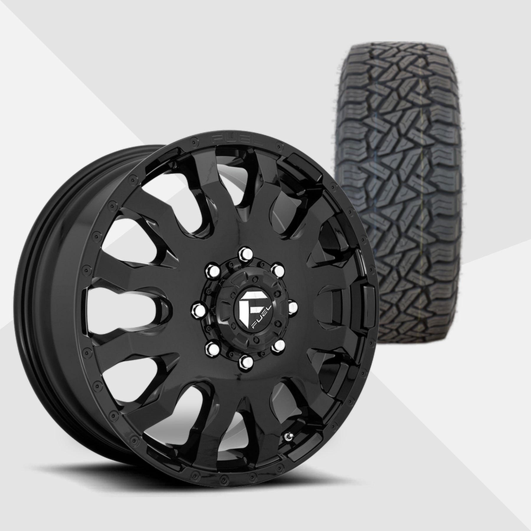 Fuel Offroad Blitz Dually Gloss Black 20x8.25 Wheels & Fuel Tires Gripper A/T 285/55R20 Tires - 20" Dually Package