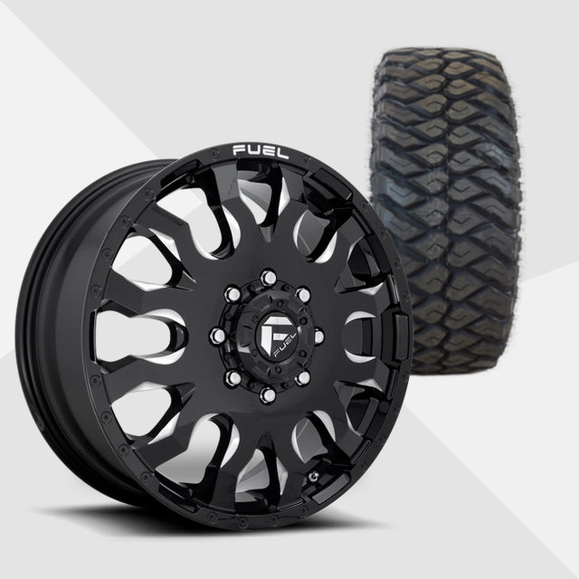 Fuel Offroad Blitz Dually Gloss Black Milled 20x8.25 Wheels & Maxxis Tires Razr M/T 275/65R20 Tires - 20" Dually Package