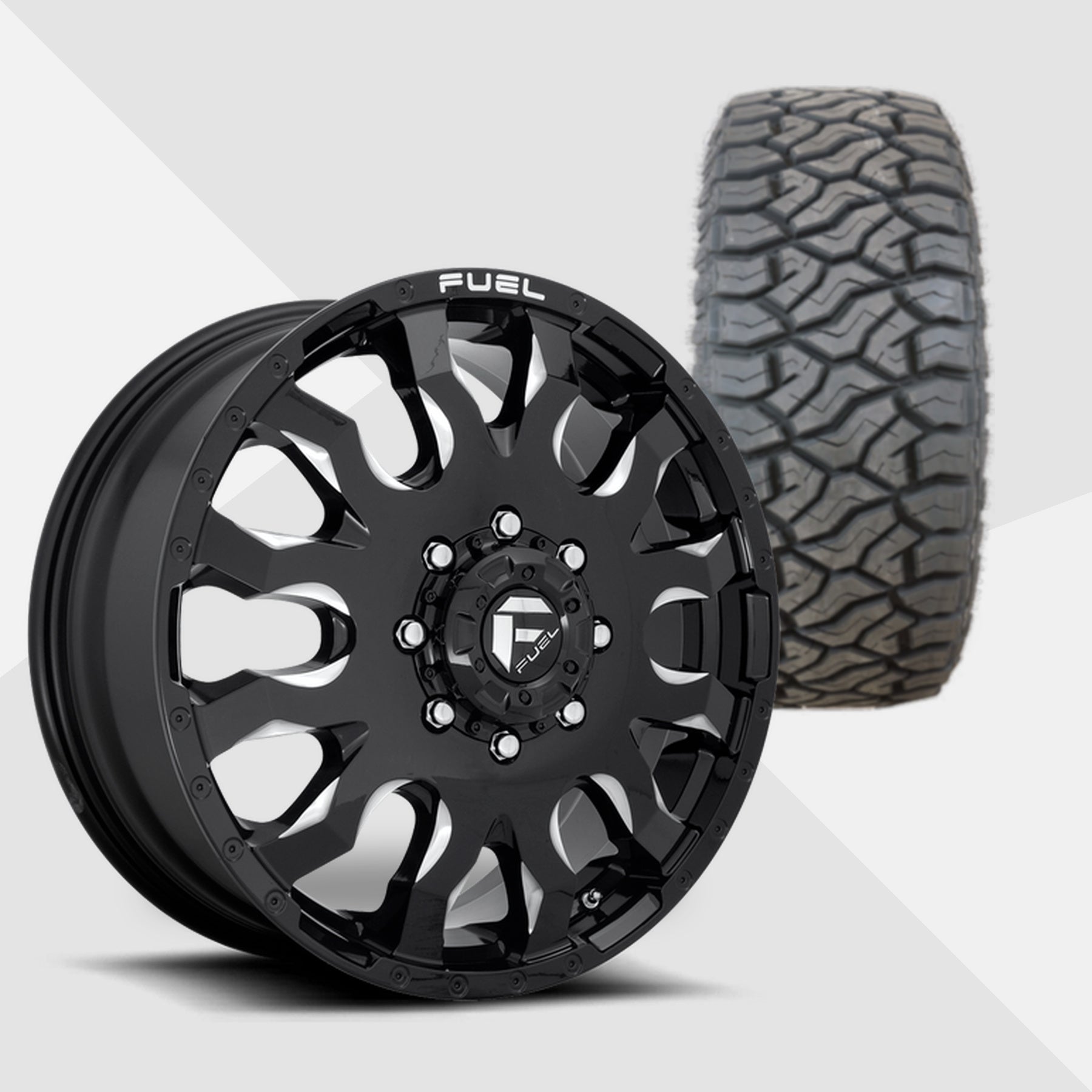 Fuel Offroad Blitz Dually Gloss Black Milled 20x8.25 Wheels & Venom Power Tires Terra Hunter R/T 275/55R20 Tires - 20" Dually Package